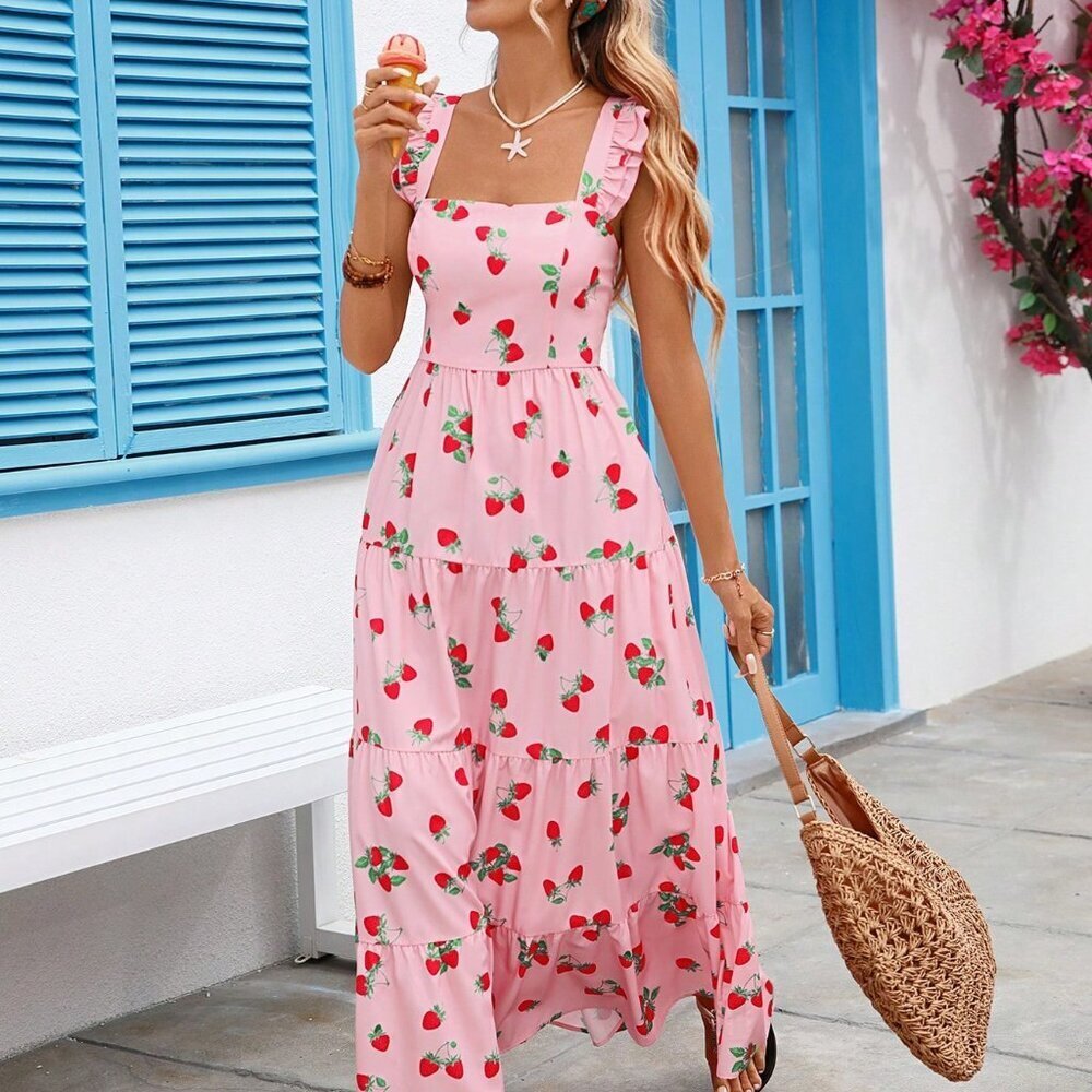 Pink Boho Women's Print Beach Summer Vacation Maxi Dress